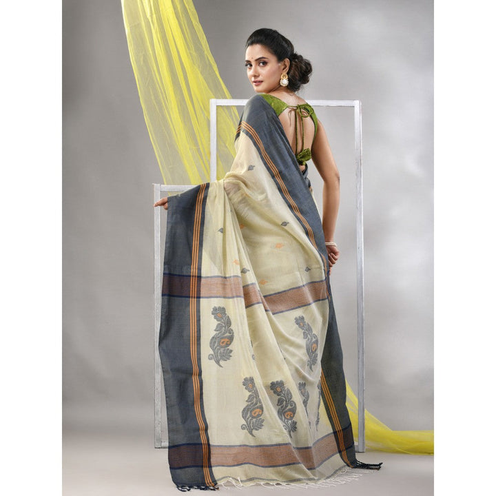 CHARUKRITI Yellow Cotton Handspun Soft Leaf Motifs Saree with Unstitched Blouse