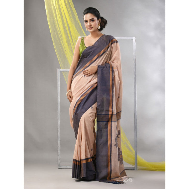 CHARUKRITI Beige Cotton Handspun Soft Leaf Motifs Saree with Unstitched Blouse