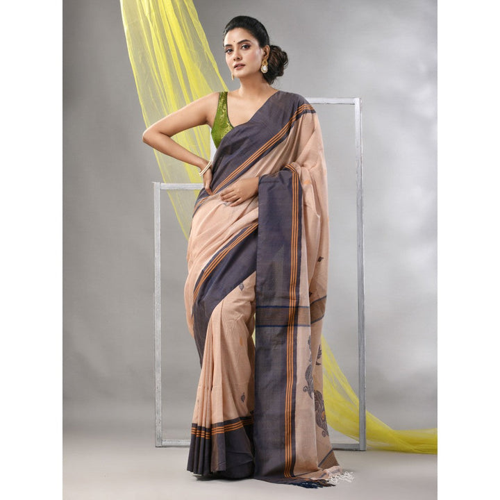 CHARUKRITI Beige Cotton Handspun Soft Leaf Motifs Saree with Unstitched Blouse