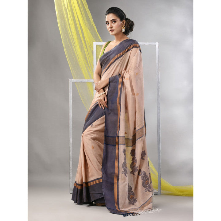 CHARUKRITI Beige Cotton Handspun Soft Leaf Motifs Saree with Unstitched Blouse