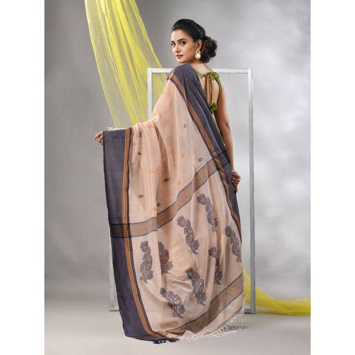 CHARUKRITI Beige Cotton Handspun Soft Leaf Motifs Saree with Unstitched Blouse