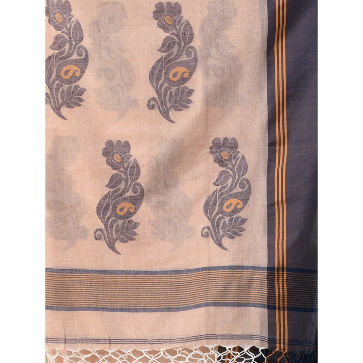 CHARUKRITI Beige Cotton Handspun Soft Leaf Motifs Saree with Unstitched Blouse