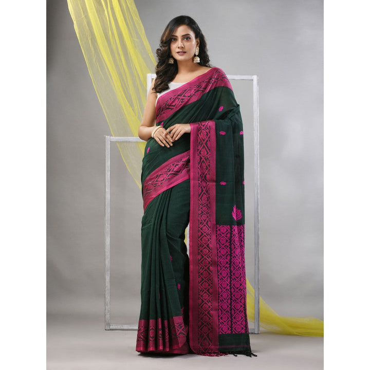 CHARUKRITI Forest Green Cotton Soft Nakshi Pattern Saree with Unstitched Blouse