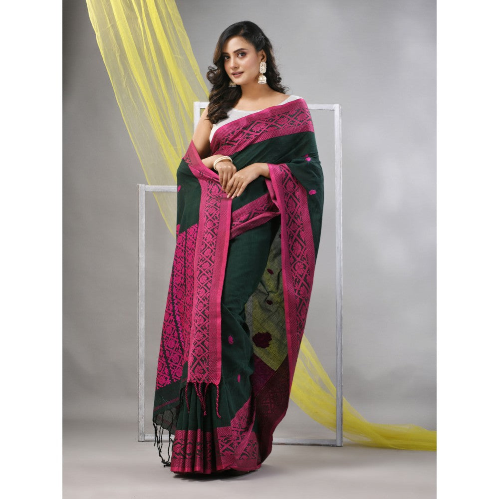 CHARUKRITI Forest Green Cotton Soft Nakshi Pattern Saree with Unstitched Blouse