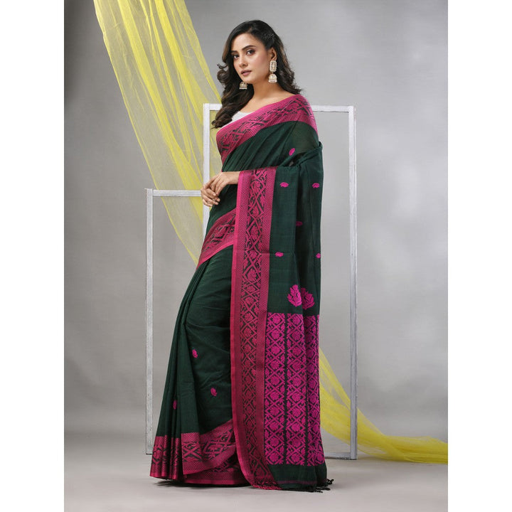 CHARUKRITI Forest Green Cotton Soft Nakshi Pattern Saree with Unstitched Blouse