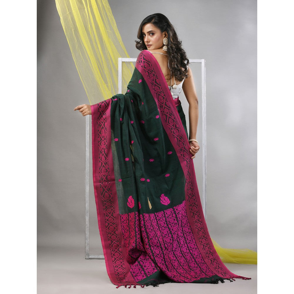 CHARUKRITI Forest Green Cotton Soft Nakshi Pattern Saree with Unstitched Blouse