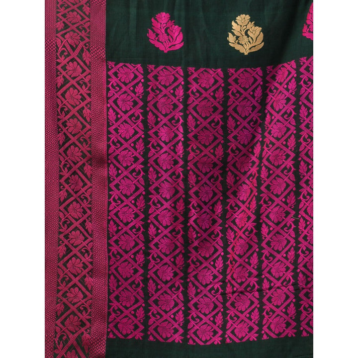 CHARUKRITI Forest Green Cotton Soft Nakshi Pattern Saree with Unstitched Blouse