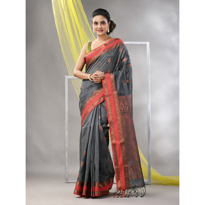 CHARUKRITI Grey Silk Matka Soft Paisley Motifs Saree with Unstitched Blouse