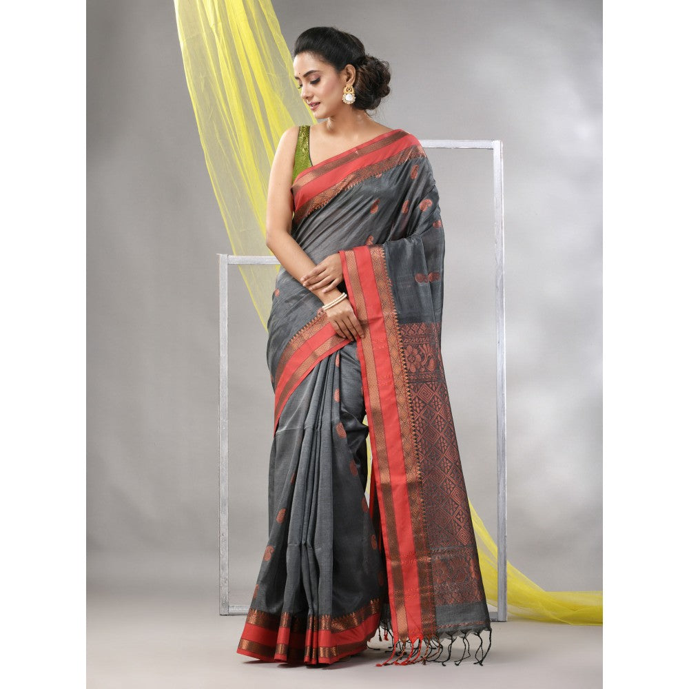 CHARUKRITI Grey Silk Matka Soft Paisley Motifs Saree with Unstitched Blouse