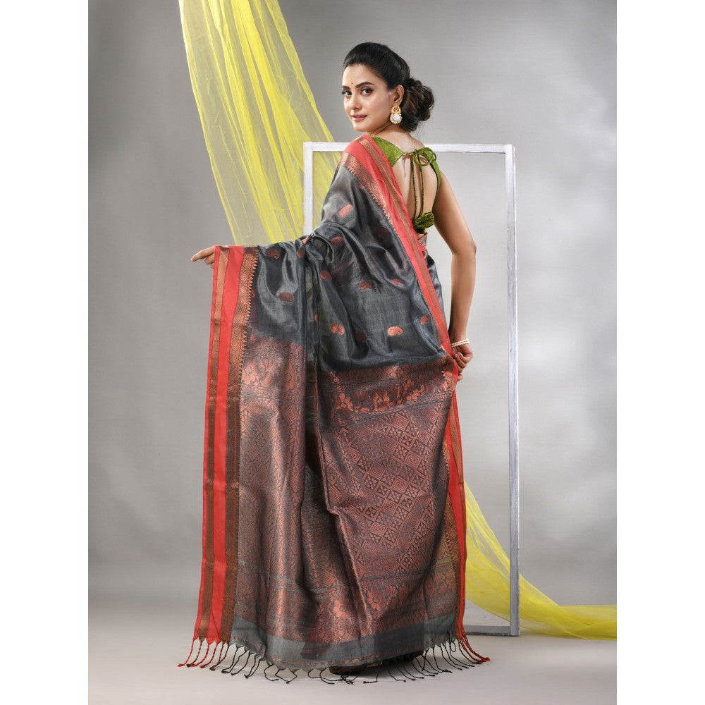 CHARUKRITI Grey Silk Matka Soft Paisley Motifs Saree with Unstitched Blouse