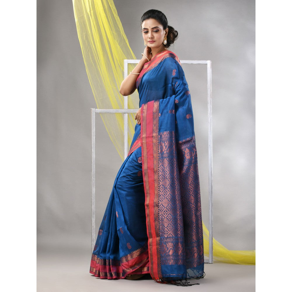 CHARUKRITI Sapphire Blue Silk Matka Soft Paisley Motifs Saree with Unstitched Blouse