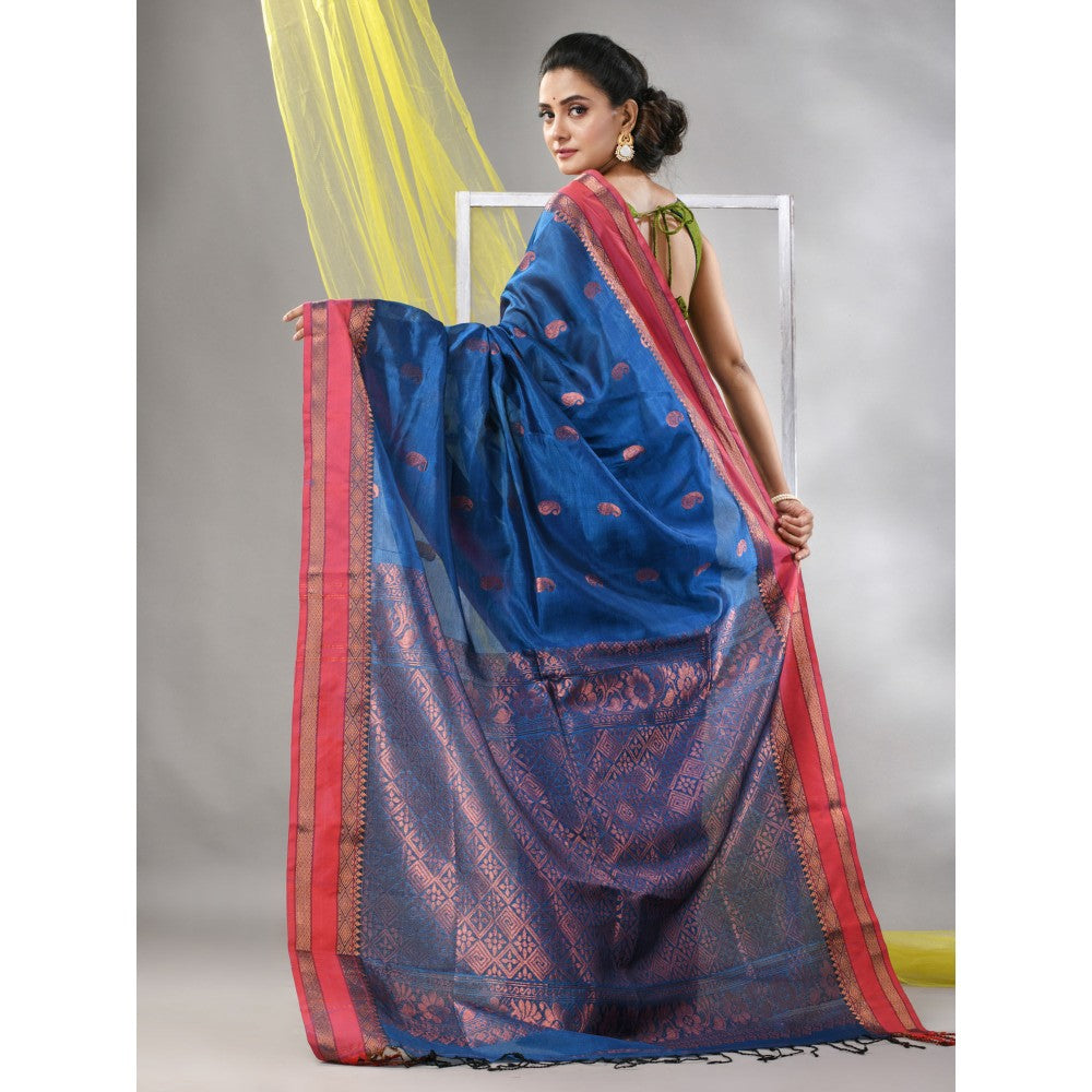 CHARUKRITI Sapphire Blue Silk Matka Soft Paisley Motifs Saree with Unstitched Blouse