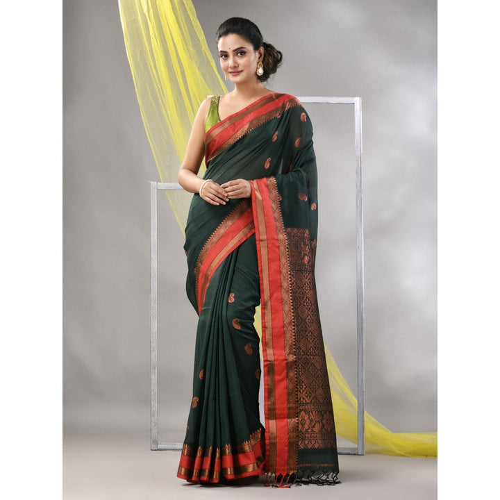 CHARUKRITI Bottle Green Silk Matka Soft Paisley Motifs Saree with Unstitched Blouse