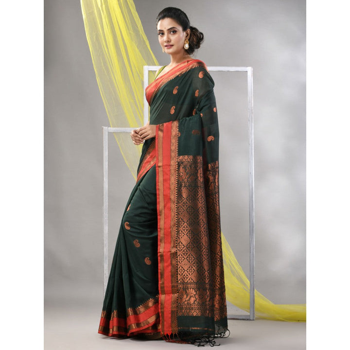 CHARUKRITI Bottle Green Silk Matka Soft Paisley Motifs Saree with Unstitched Blouse