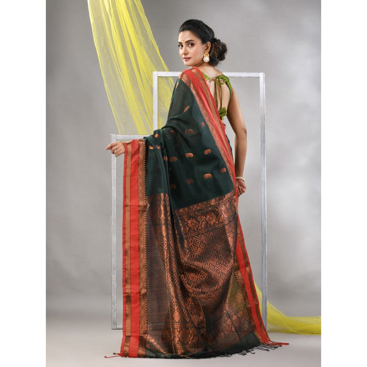 CHARUKRITI Bottle Green Silk Matka Soft Paisley Motifs Saree with Unstitched Blouse