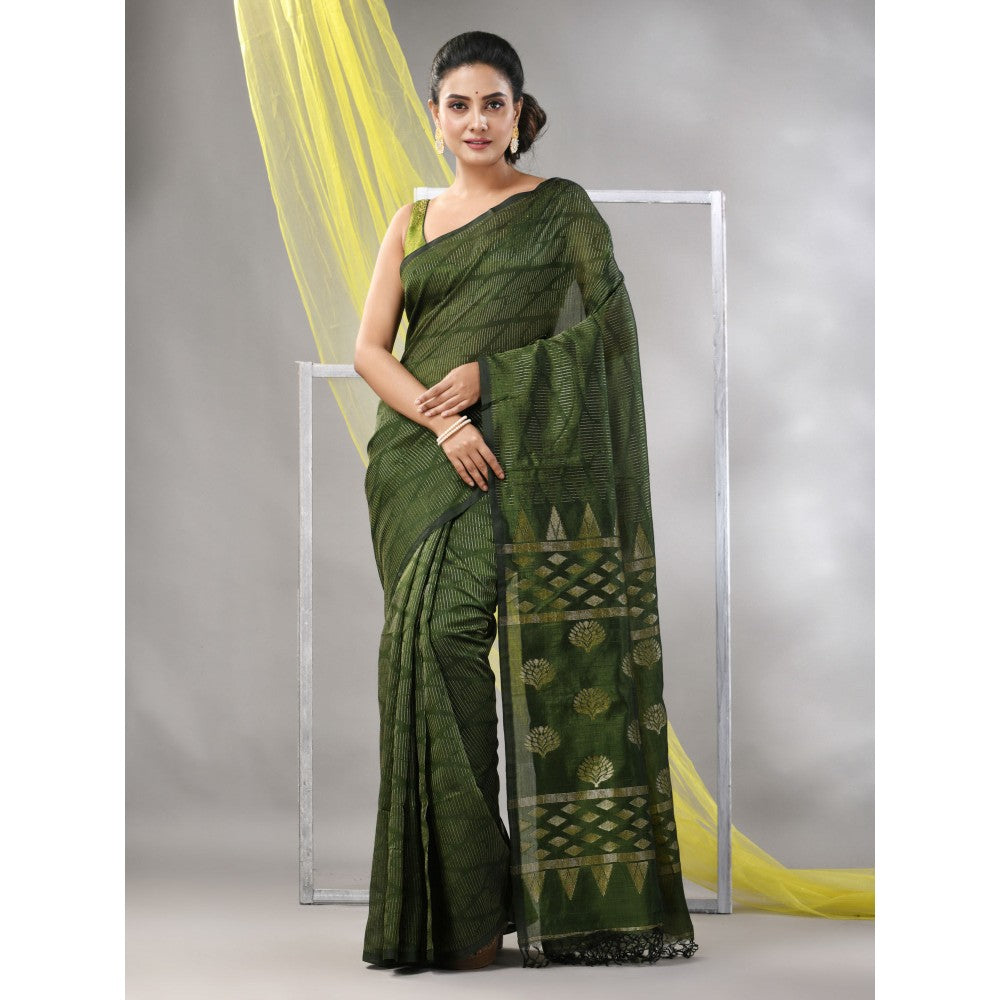 CHARUKRITI Sap Green Silk Matka Soft Saree with Unstitched Blouse