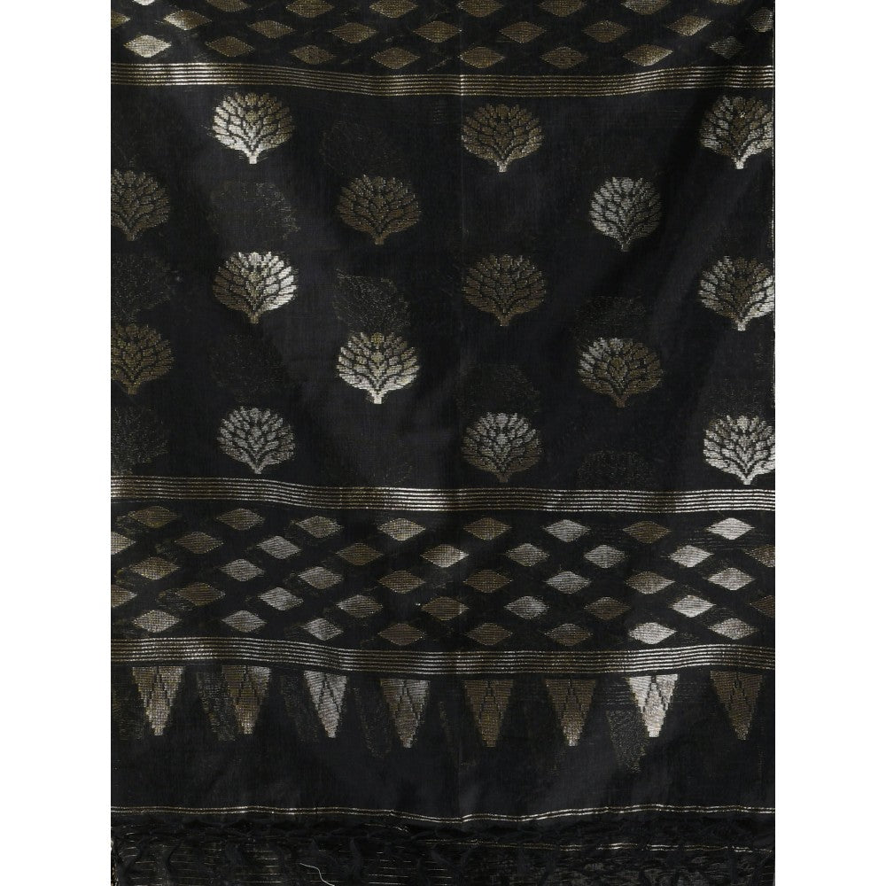 CHARUKRITI Black Silk Matka Soft Saree with Unstitched Blouse