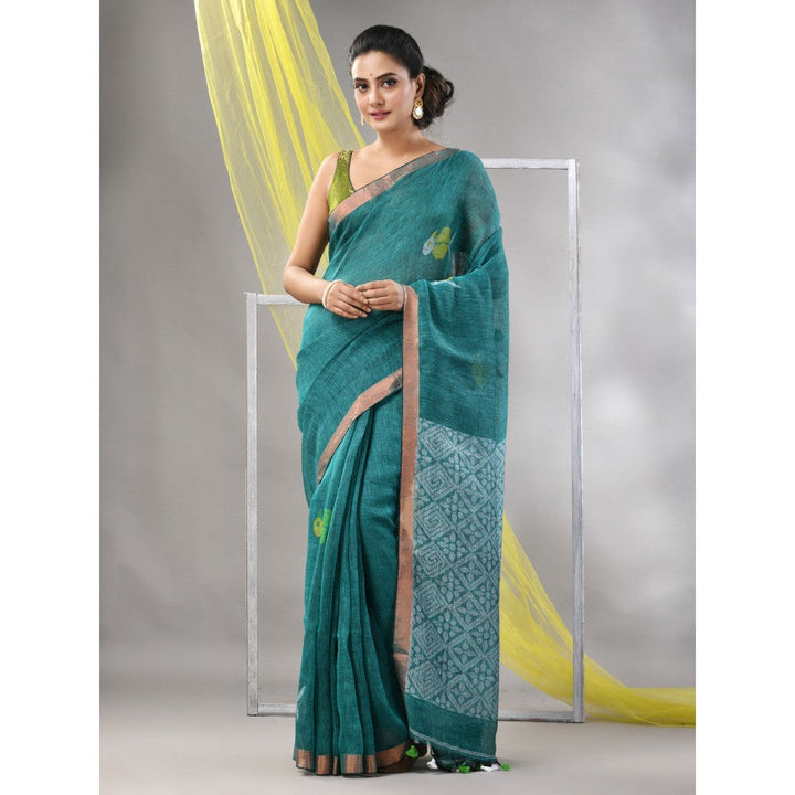 CHARUKRITI Turquoise Linen Soft Bird Motifs Saree with Unstitched Blouse