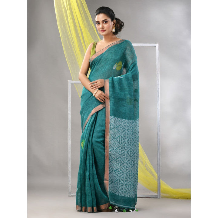 CHARUKRITI Turquoise Linen Soft Bird Motifs Saree with Unstitched Blouse