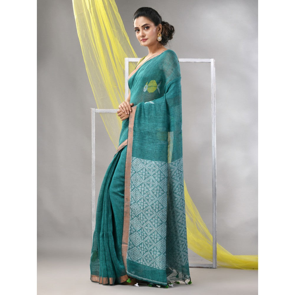 CHARUKRITI Turquoise Linen Soft Bird Motifs Saree with Unstitched Blouse