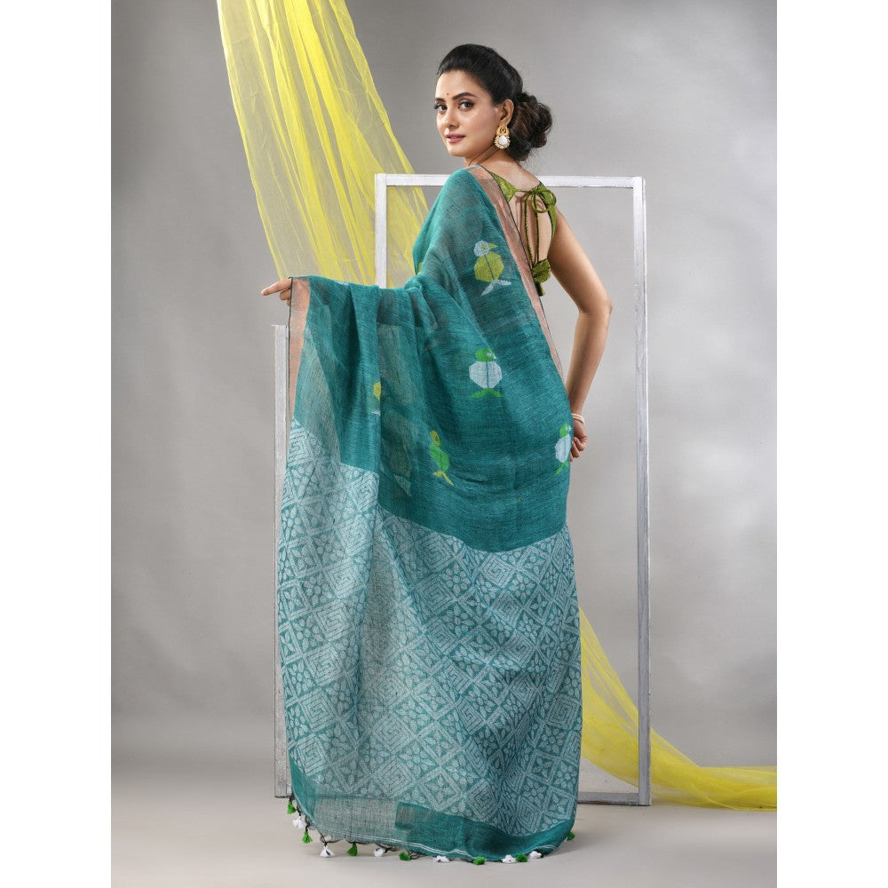 CHARUKRITI Turquoise Linen Soft Bird Motifs Saree with Unstitched Blouse