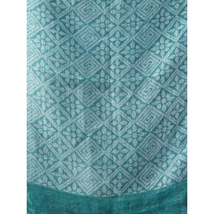 CHARUKRITI Turquoise Linen Soft Bird Motifs Saree with Unstitched Blouse