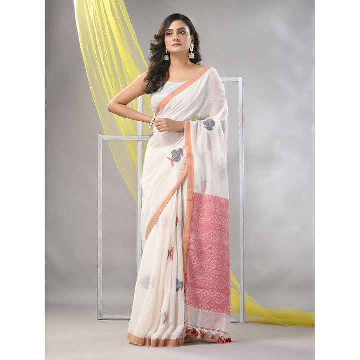 CHARUKRITI Off White Linen Soft Bird Motifs Saree with Unstitched Blouse