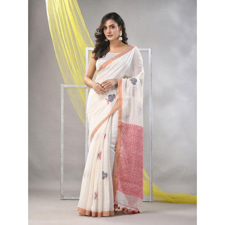 CHARUKRITI Off White Linen Soft Bird Motifs Saree with Unstitched Blouse