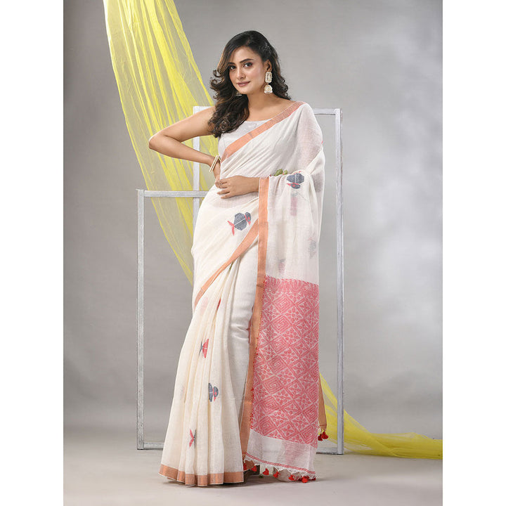 CHARUKRITI Off White Linen Soft Bird Motifs Saree with Unstitched Blouse