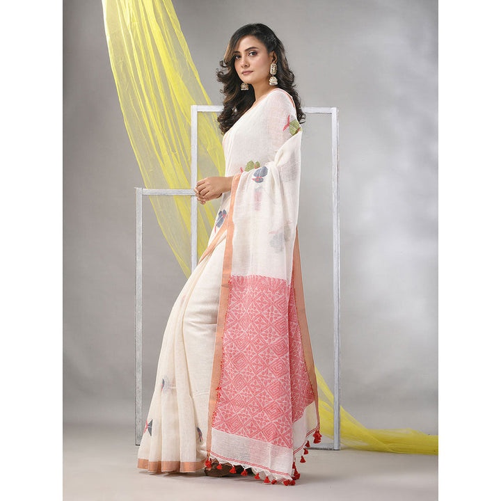 CHARUKRITI Off White Linen Soft Bird Motifs Saree with Unstitched Blouse