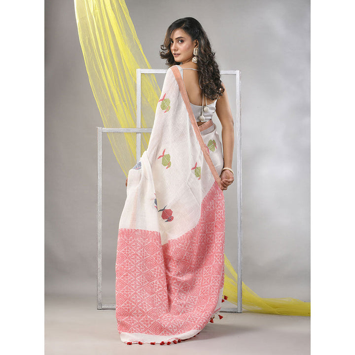 CHARUKRITI Off White Linen Soft Bird Motifs Saree with Unstitched Blouse