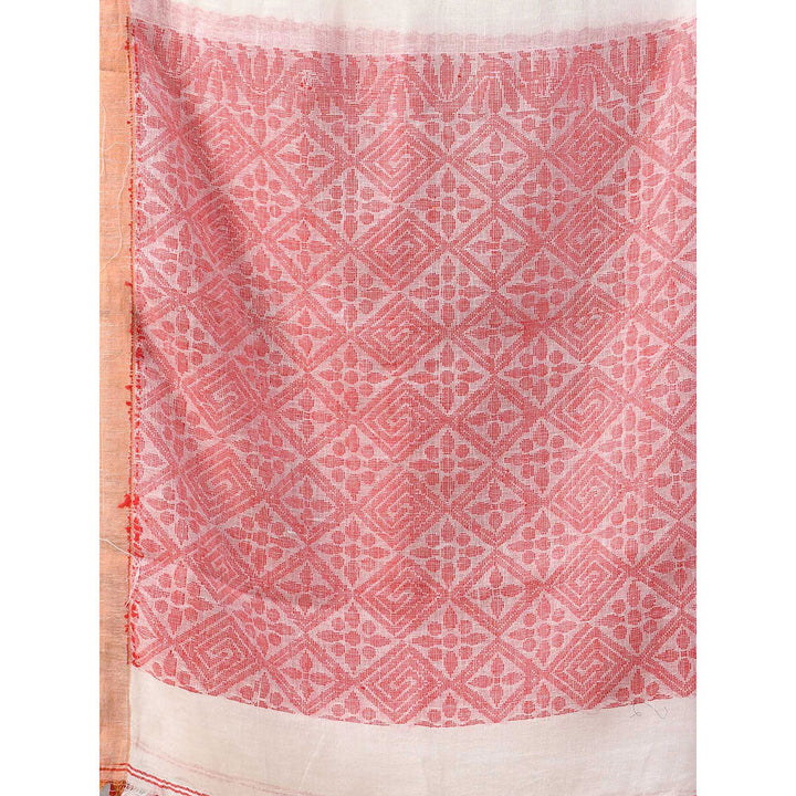 CHARUKRITI Off White Linen Soft Bird Motifs Saree with Unstitched Blouse