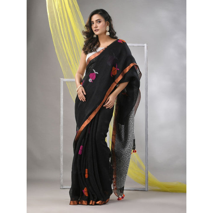 CHARUKRITI Black Linen Soft Bird Motifs Saree with Unstitched Blouse