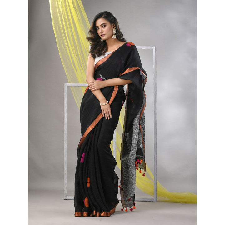 CHARUKRITI Black Linen Soft Bird Motifs Saree with Unstitched Blouse