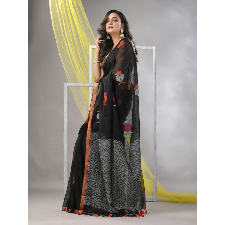 CHARUKRITI Black Linen Soft Bird Motifs Saree with Unstitched Blouse