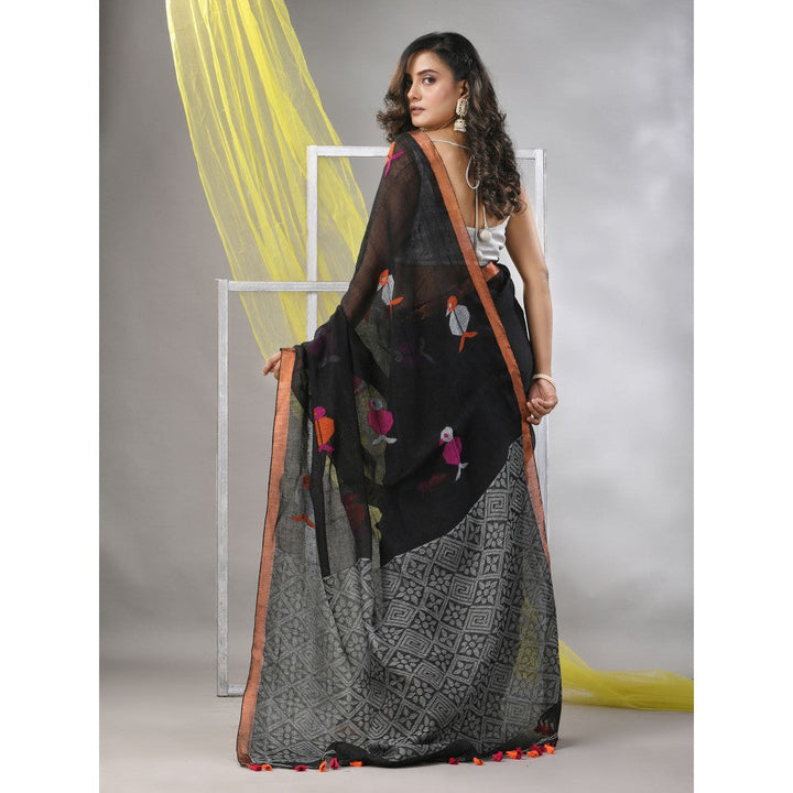 CHARUKRITI Black Linen Soft Bird Motifs Saree with Unstitched Blouse