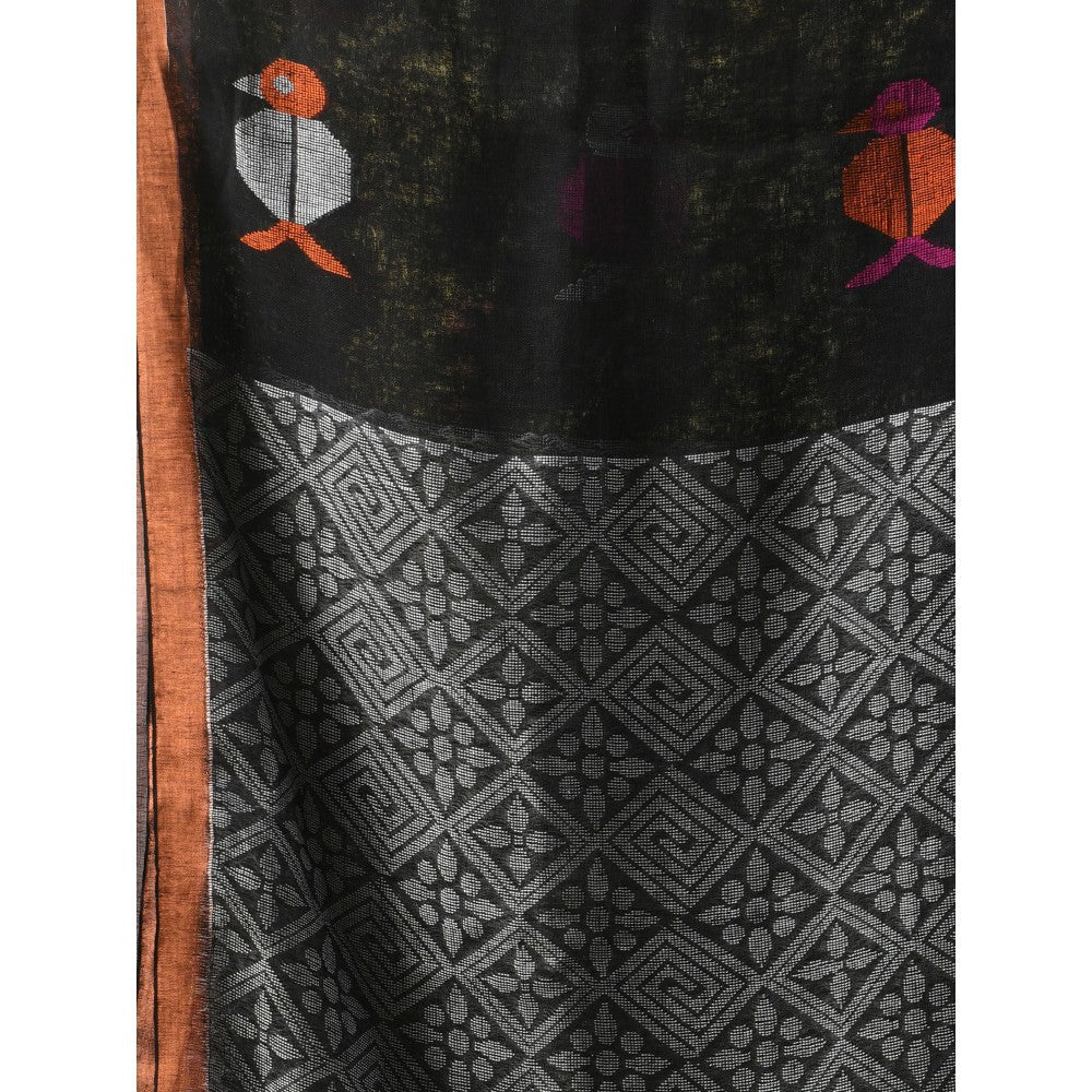 CHARUKRITI Black Linen Soft Bird Motifs Saree with Unstitched Blouse