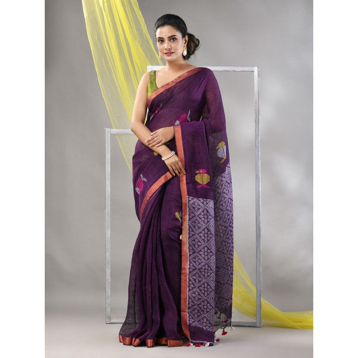 CHARUKRITI Purple Linen Soft Bird Motifs Saree with Unstitched Blouse