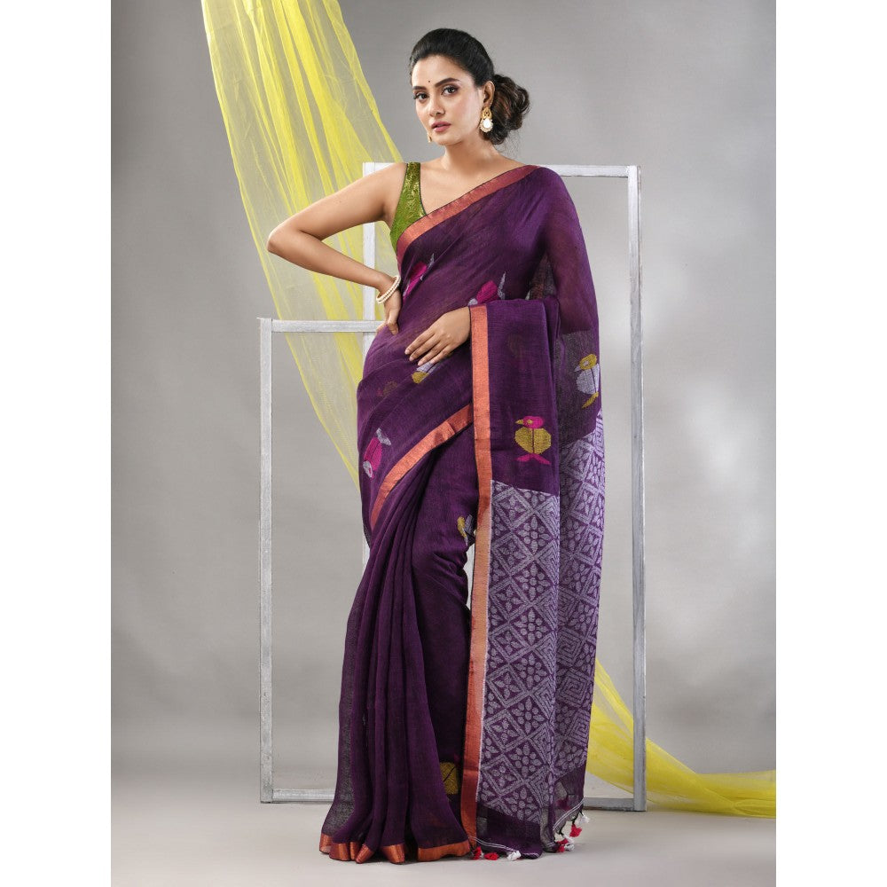 CHARUKRITI Purple Linen Soft Bird Motifs Saree with Unstitched Blouse