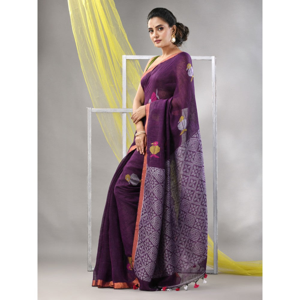 CHARUKRITI Purple Linen Soft Bird Motifs Saree with Unstitched Blouse