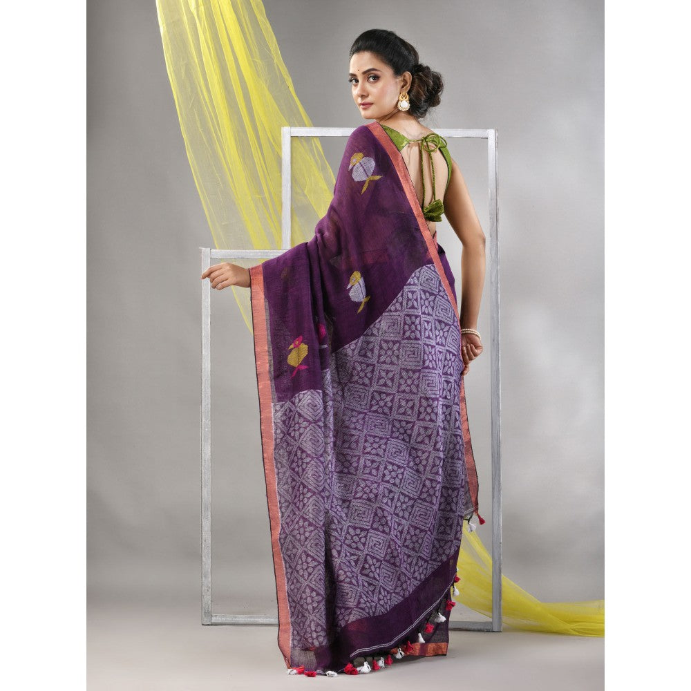 CHARUKRITI Purple Linen Soft Bird Motifs Saree with Unstitched Blouse