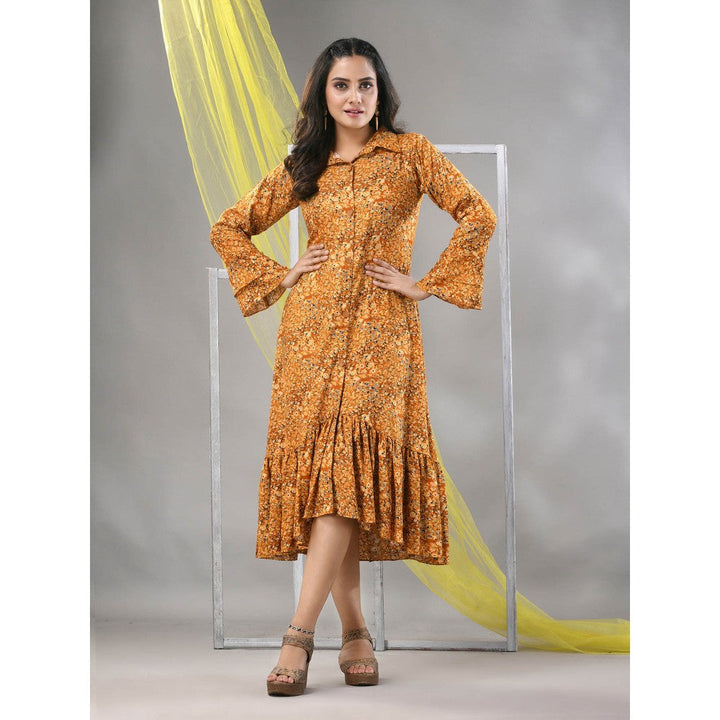 CHARUKRITI Mustard Rayon Printed A-line Ethnic Dress