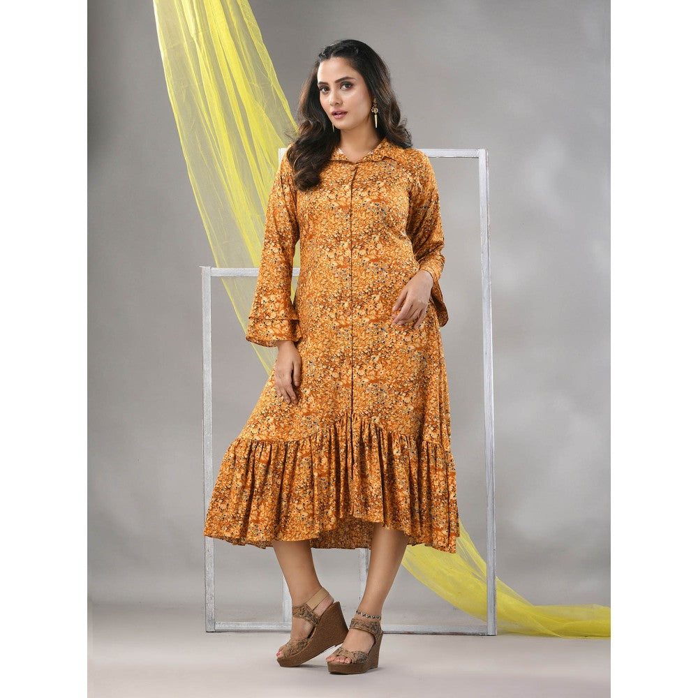 CHARUKRITI Mustard Rayon Printed A-line Ethnic Dress