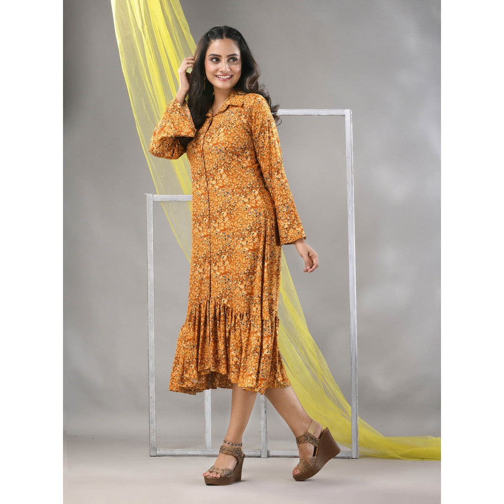 CHARUKRITI Mustard Rayon Printed A-line Ethnic Dress