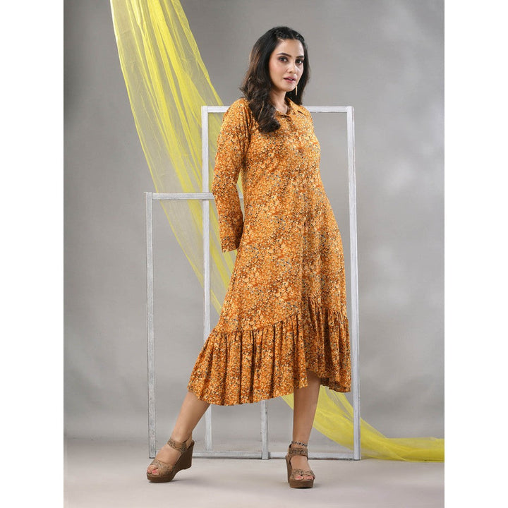 CHARUKRITI Mustard Rayon Printed A-line Ethnic Dress