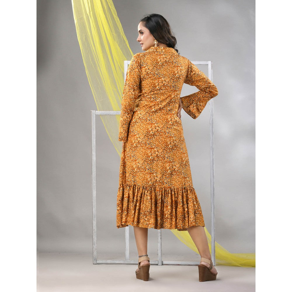 CHARUKRITI Mustard Rayon Printed A-line Ethnic Dress