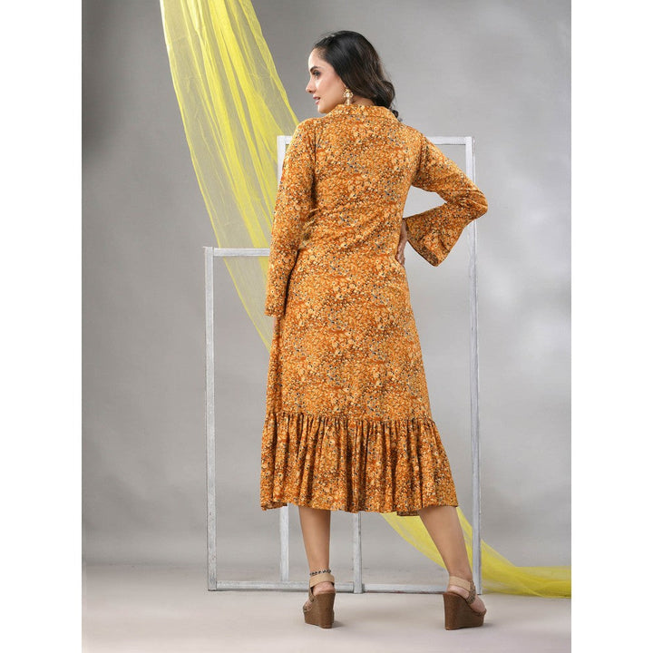 CHARUKRITI Mustard Rayon Printed A-line Ethnic Dress