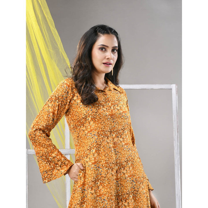 CHARUKRITI Mustard Rayon Printed A-line Ethnic Dress