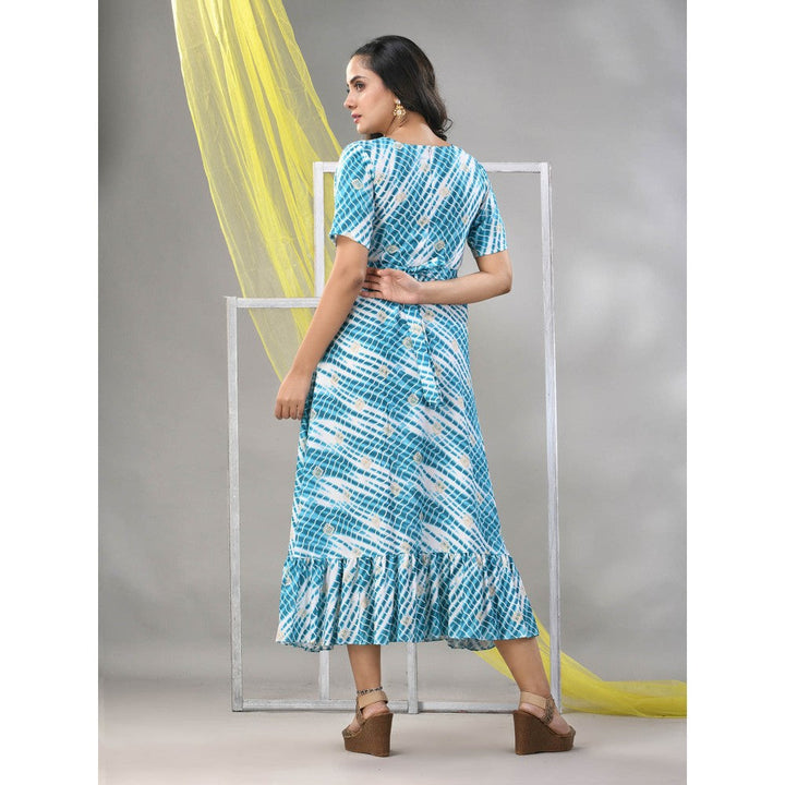 CHARUKRITI White & Cobalt Blue Rayon Shibori Printed Ethnic Dress