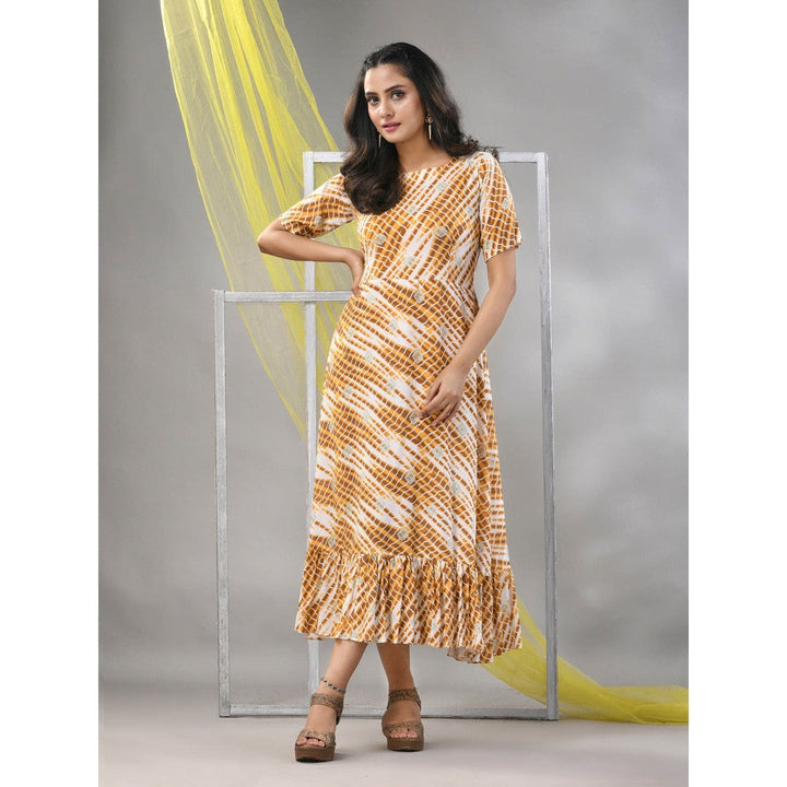 CHARUKRITI White & Mustard Rayon Shibori Printed Ethnic Dress